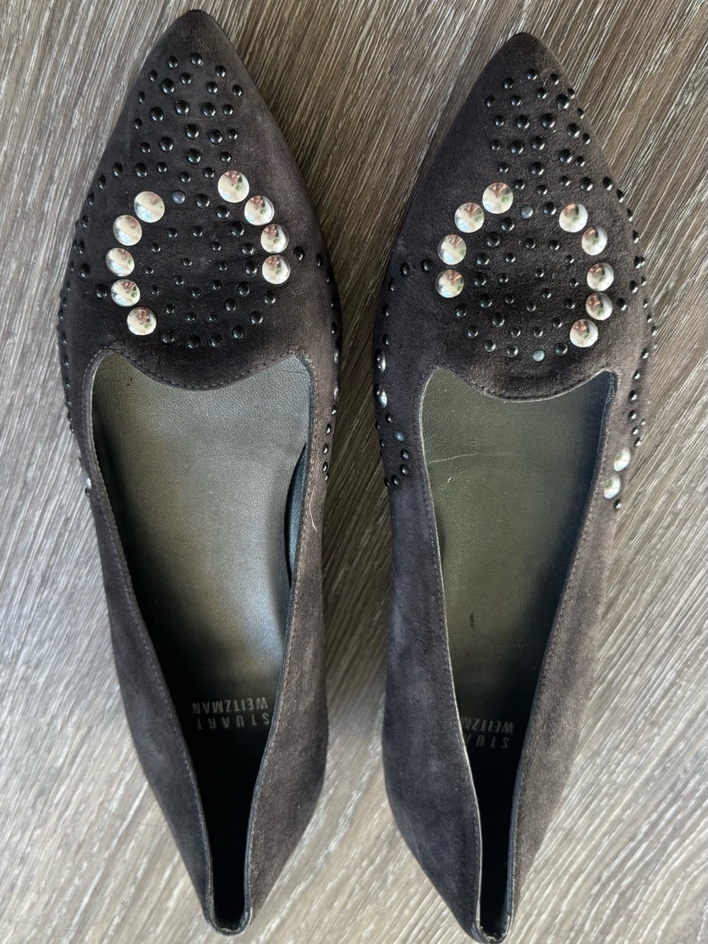 Stuart Weitzman gray Suede Pointed Toe Flats with Stud Detail